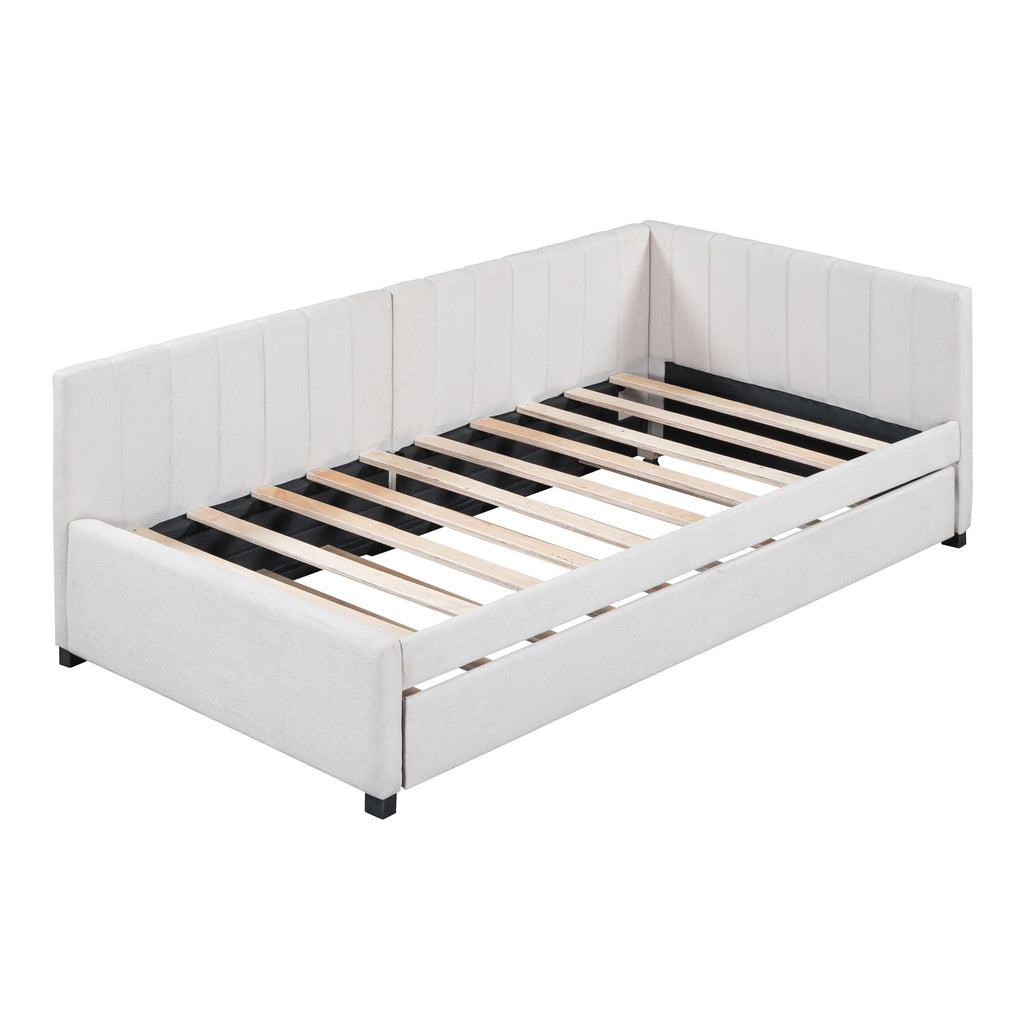 Upholstered Twin Daybed with Trundle, Linen Fabric, Beige X936043