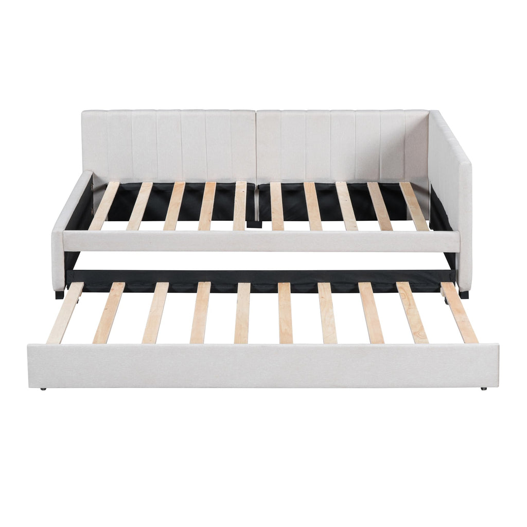 Upholstered Twin Daybed with Trundle, Linen Fabric, Beige X936043