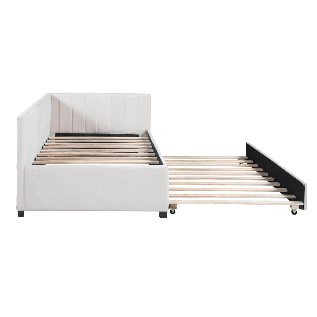 Upholstered Twin Daybed with Trundle, Linen Fabric, Beige X936043