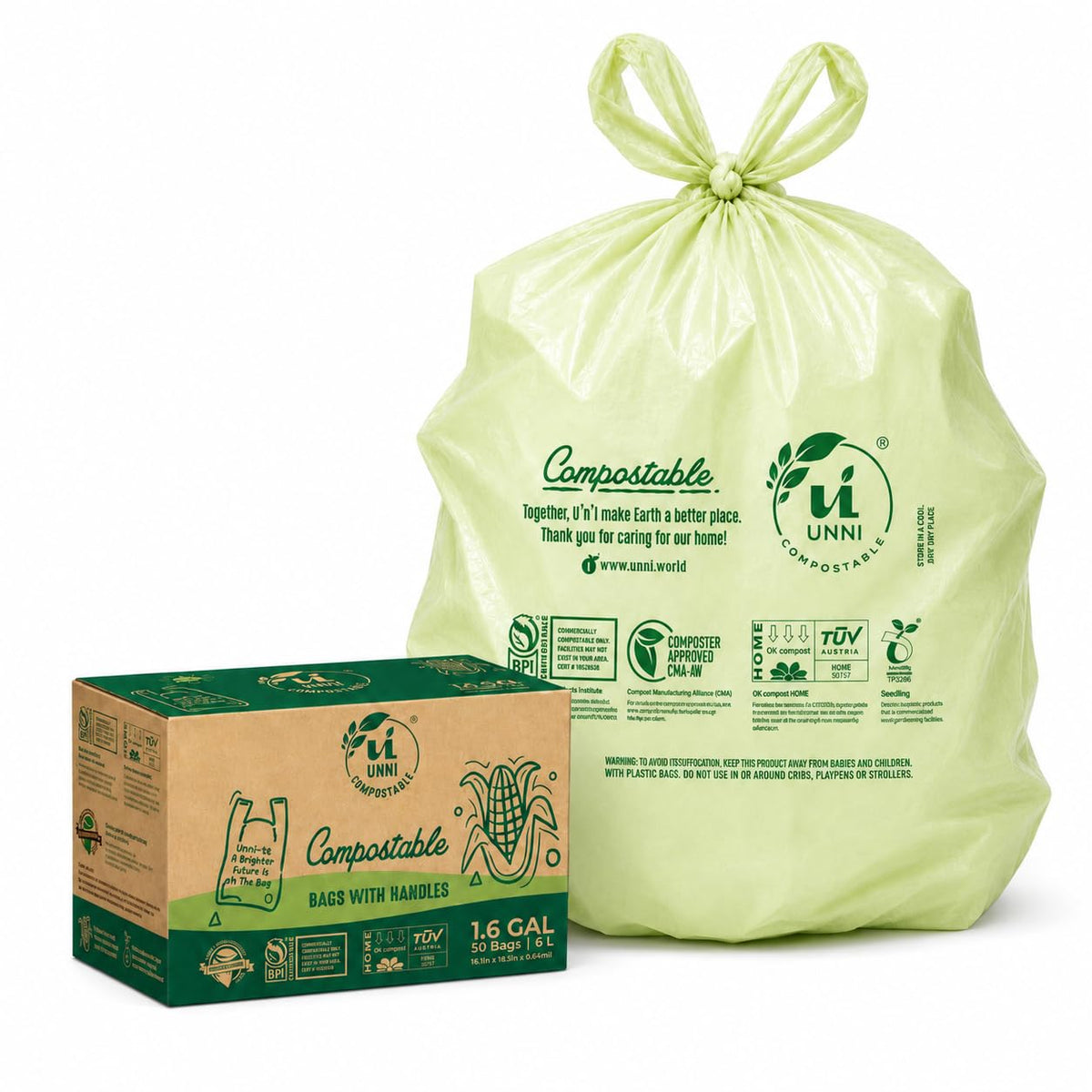 1.6 Gallon Compostable Bags with Easy-Tie Handles, 50 Count Z3018