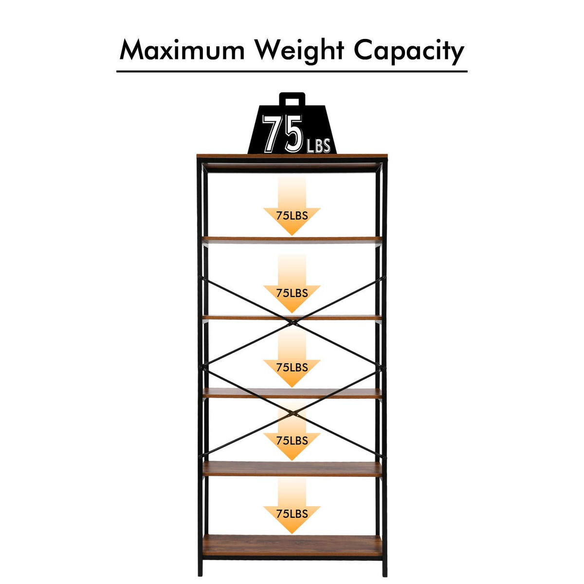 71" Tall 5 Tier Wood and Metal Bookshelf V9638