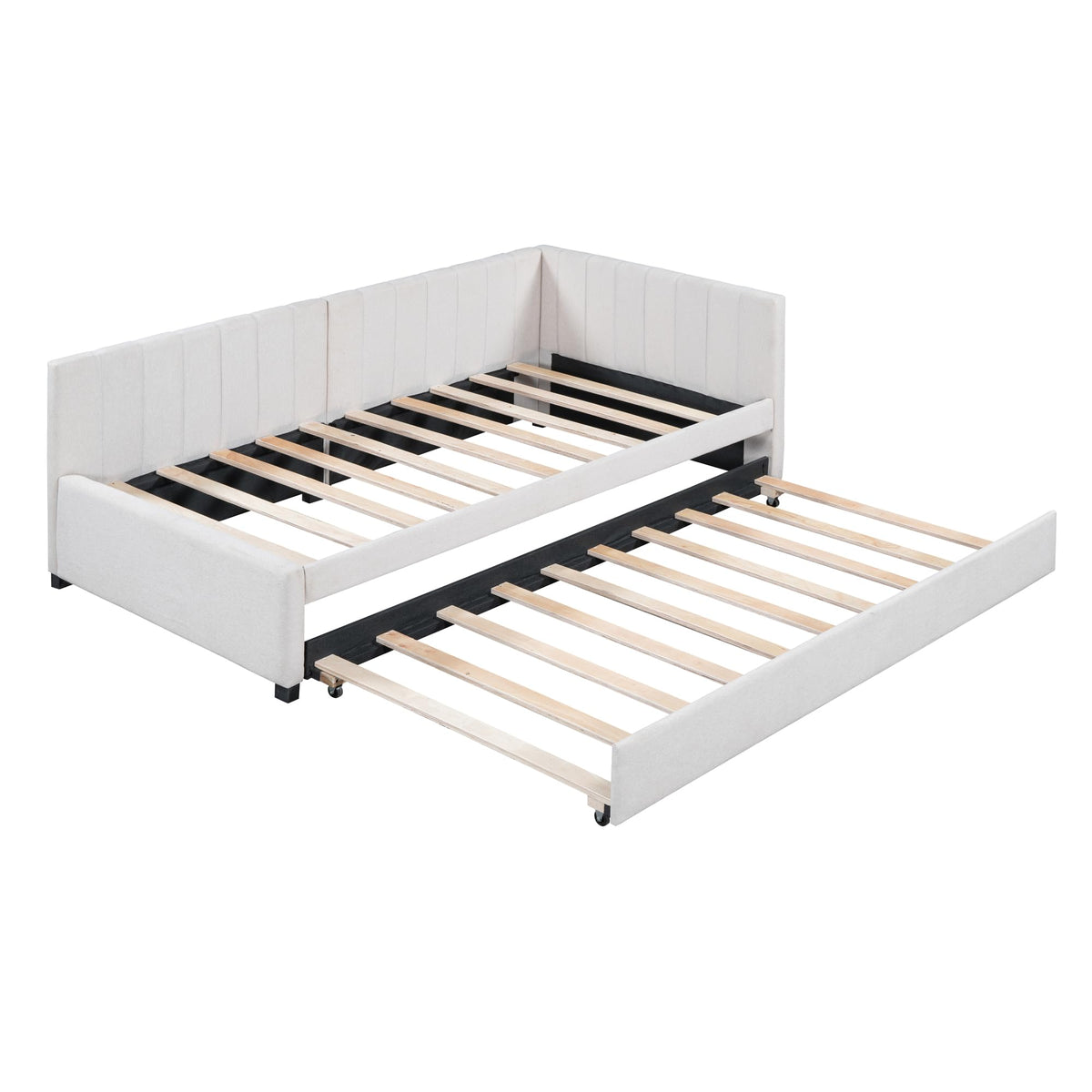 Upholstered Twin Daybed with Trundle, Linen Fabric, Beige X936043
