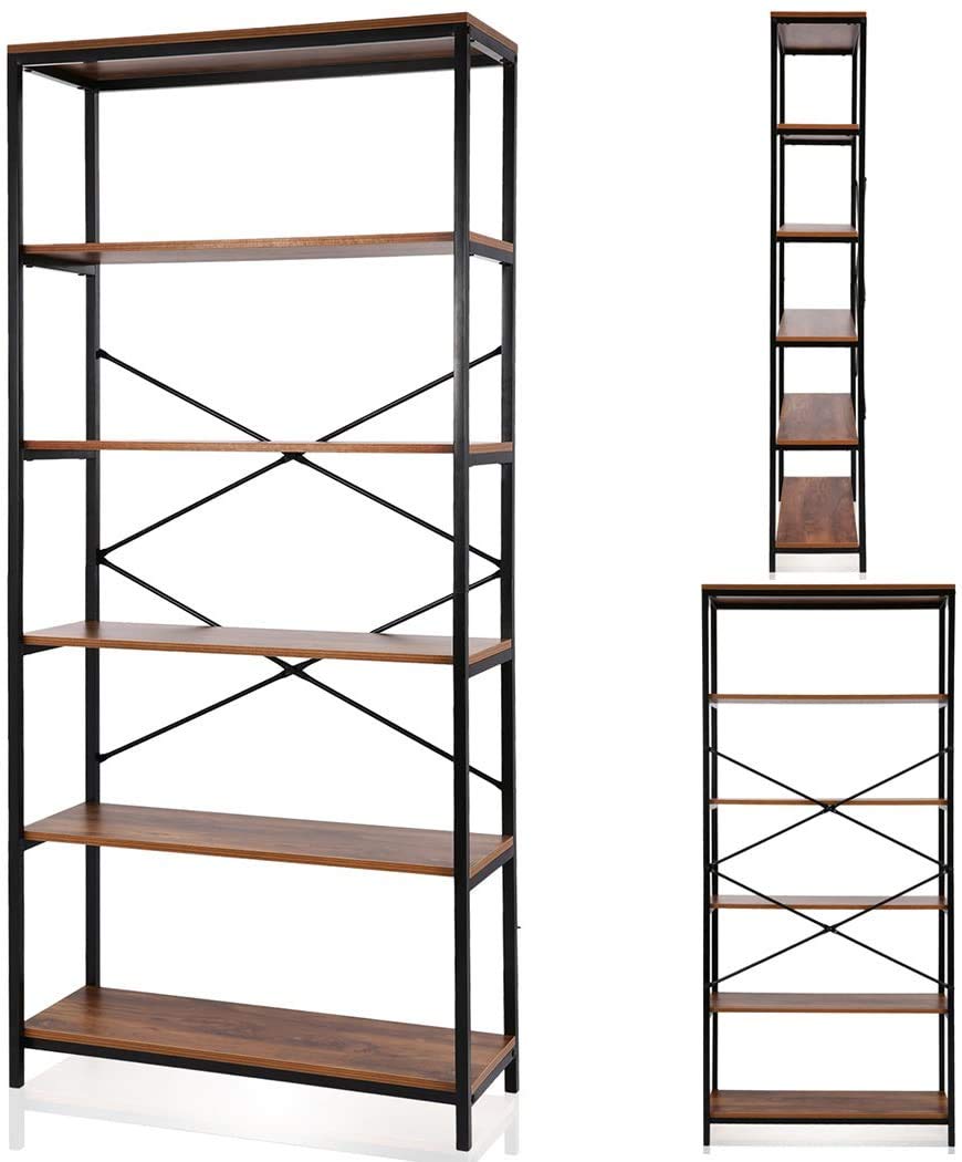 71" Tall 5 Tier Wood and Metal Bookshelf V9638
