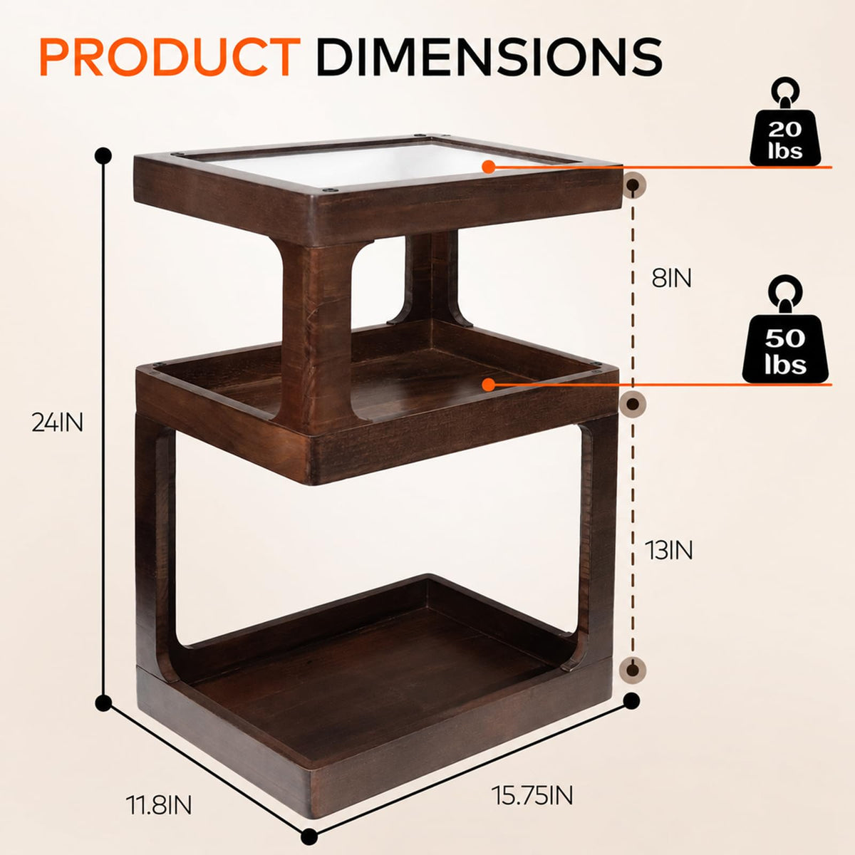 Solid Wood 3 Tier Brown Side Table I853