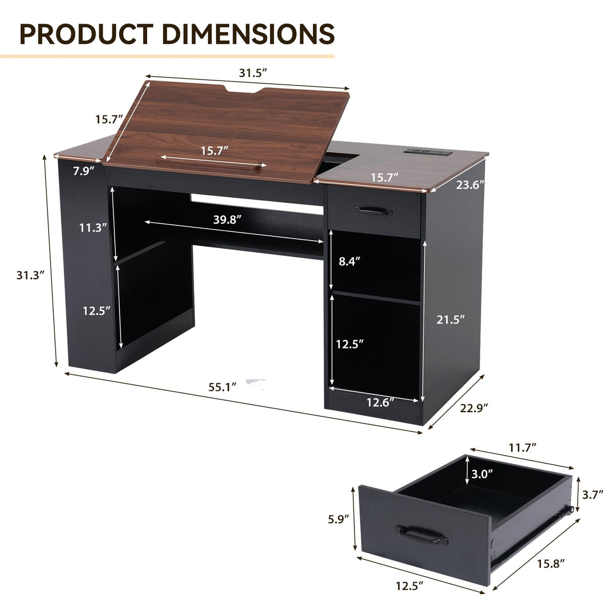 55.1" Black Drafting Table X540152