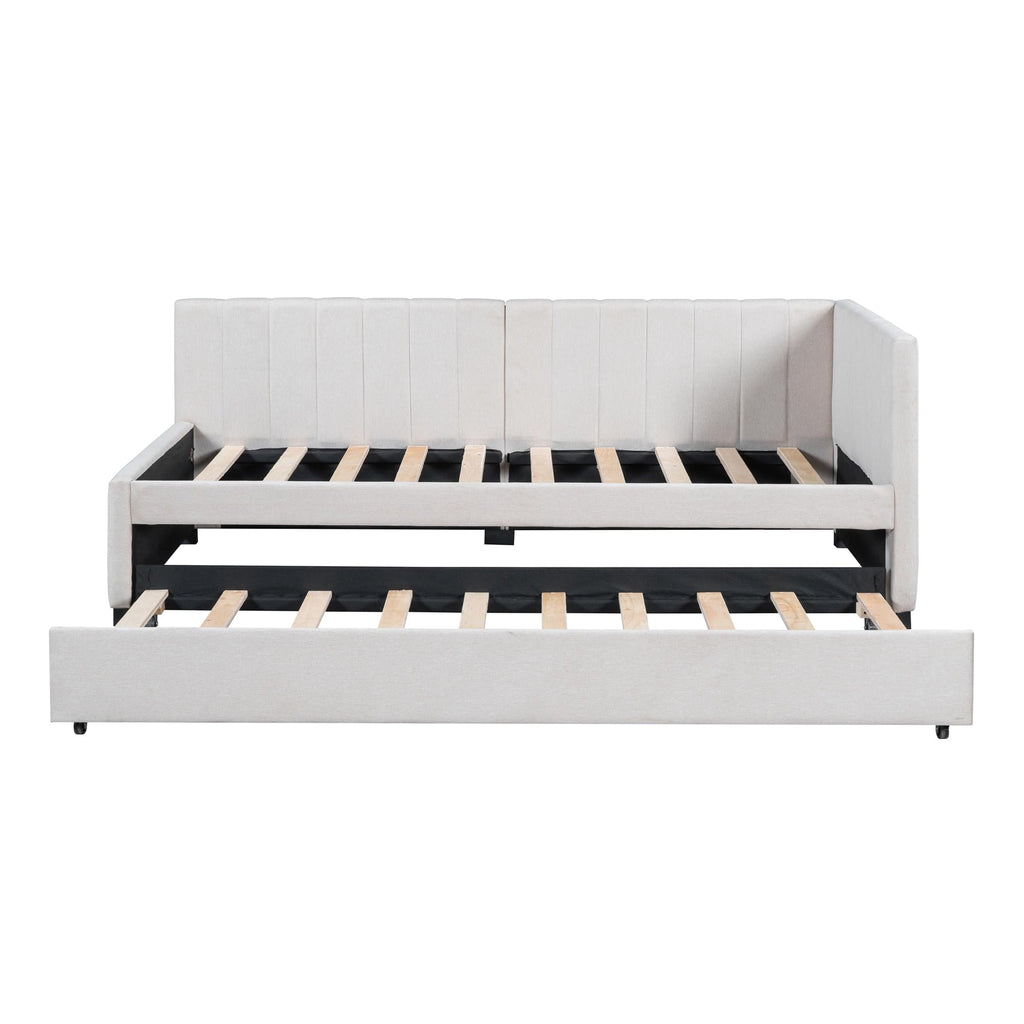 Upholstered Twin Daybed with Trundle, Linen Fabric, Beige X936043