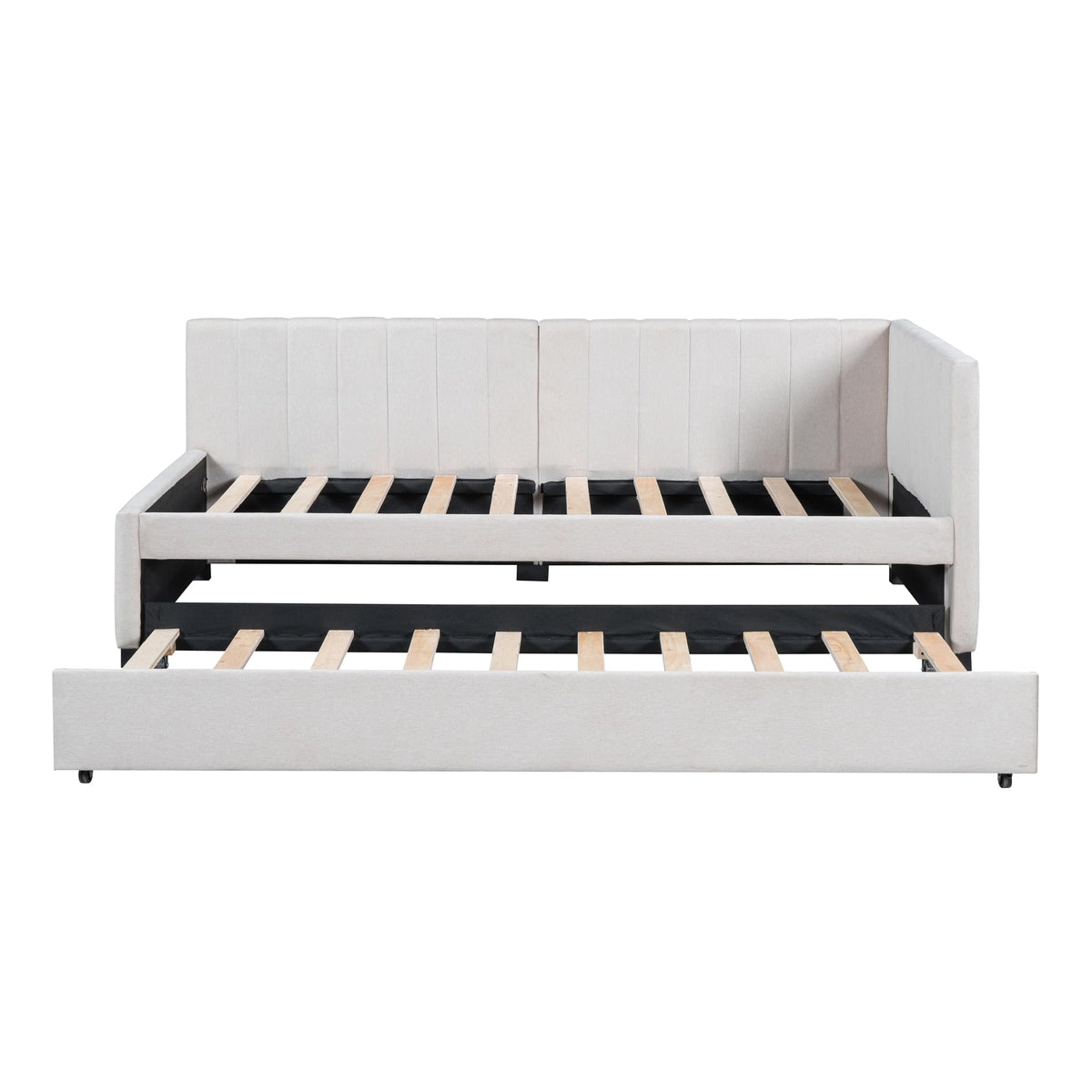 Upholstered Twin Daybed with Trundle, Linen Fabric, Beige X936043