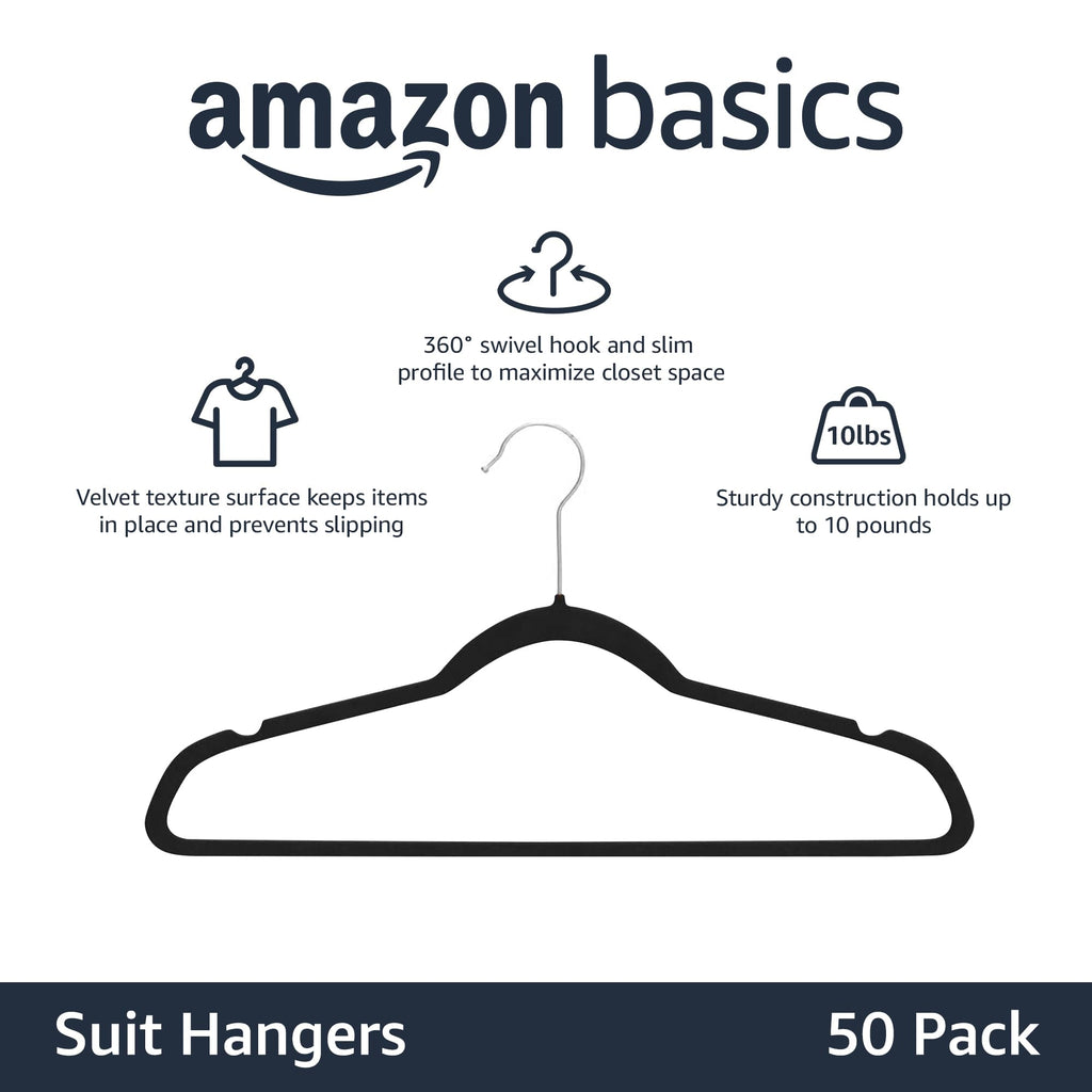 Slim Velvet Non-Slip Suit Hangers, Black, 50-Pack V7300