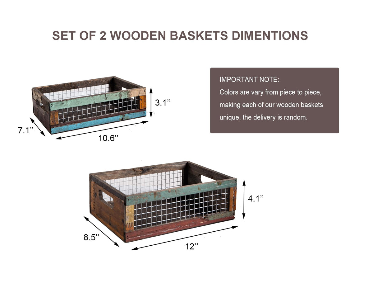 Set of 2 Rustic Wooden Nesting Baskets with Wire Mesh G99896