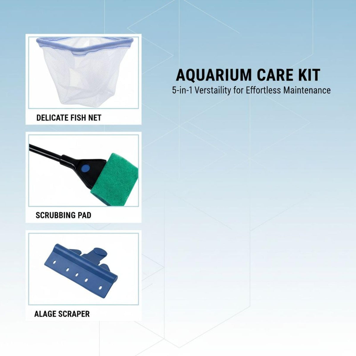 5-in-1 Aquarium Cleaning Kit with Algae Scraper Gravel Rake Fish Net Plant Clamp Brush P351278