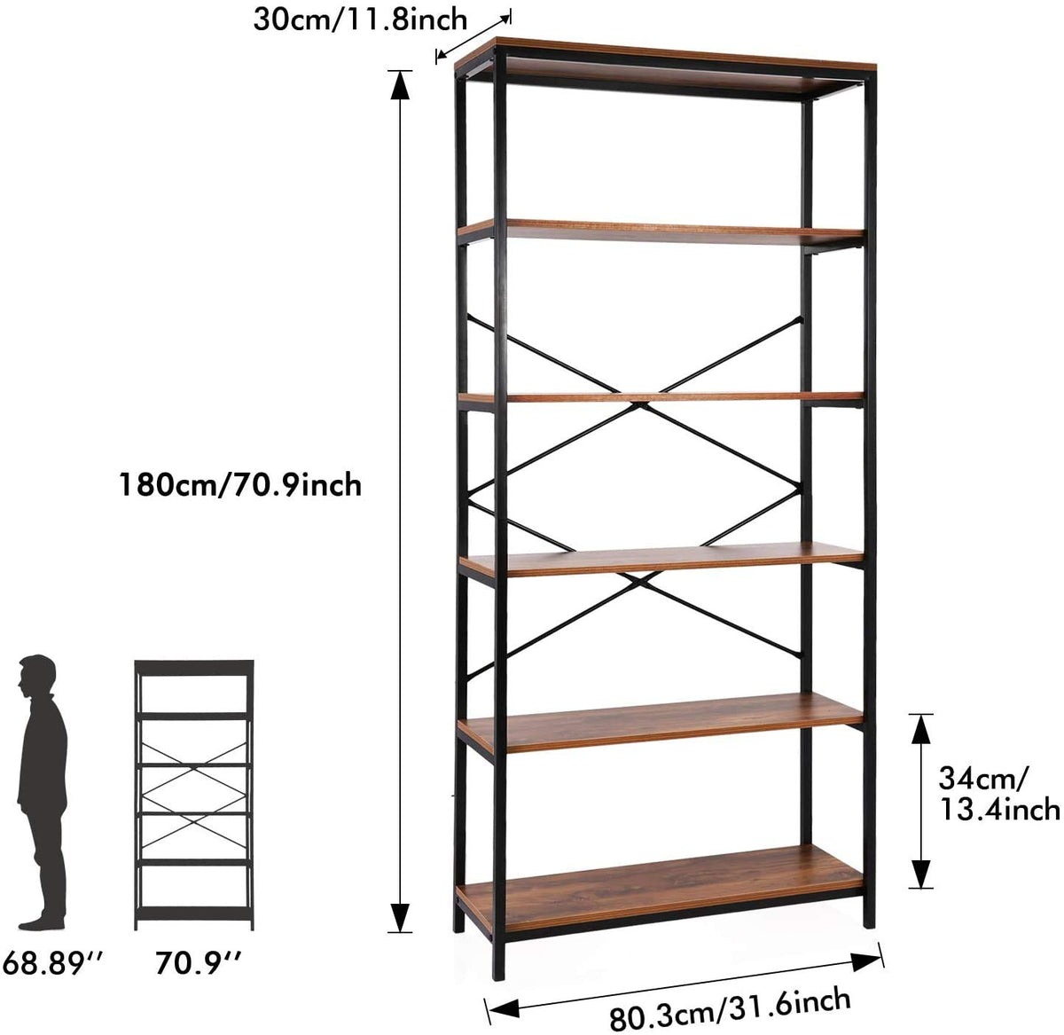 71" Tall 5 Tier Wood and Metal Bookshelf V9638