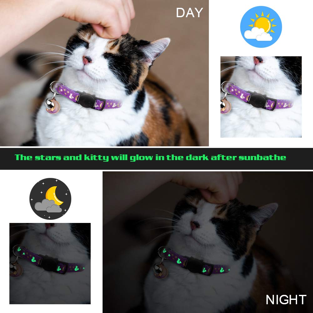 2PCS Breakaway Cat Collars with Bell Glow in The Dark Black Purple U384