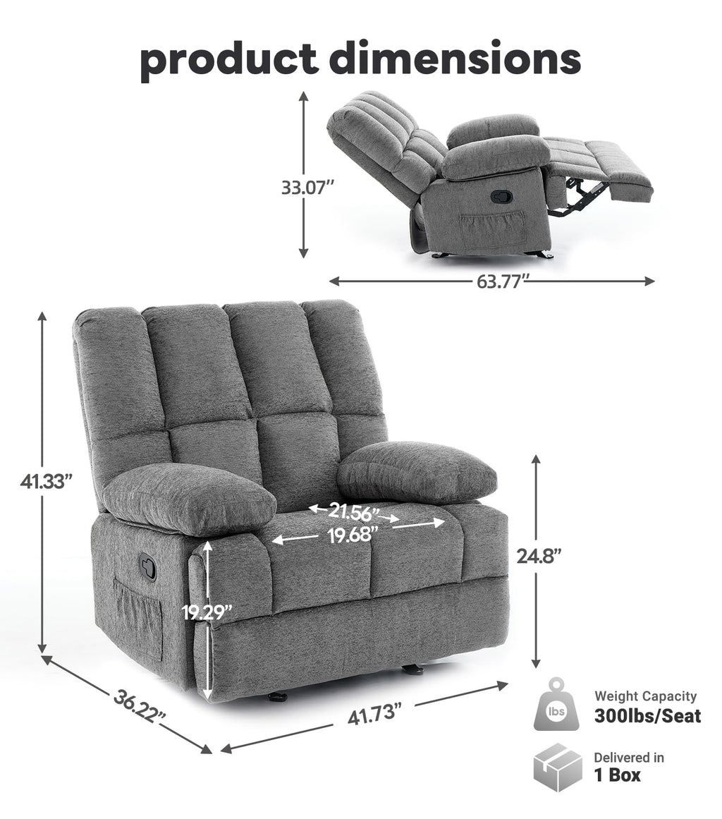 41" Oversized Chenille Rocker Recliner Chair Grey 350 LBS Capacity X87270