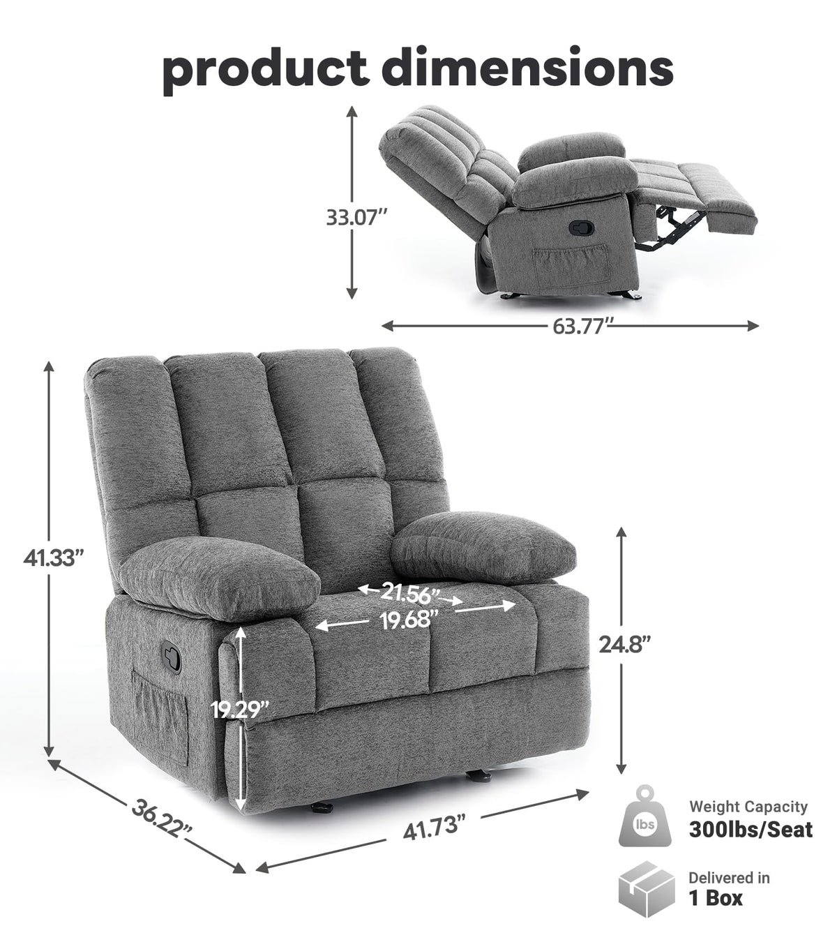 41" Oversized Chenille Rocker Recliner Chair Grey 350 LBS Capacity X87270