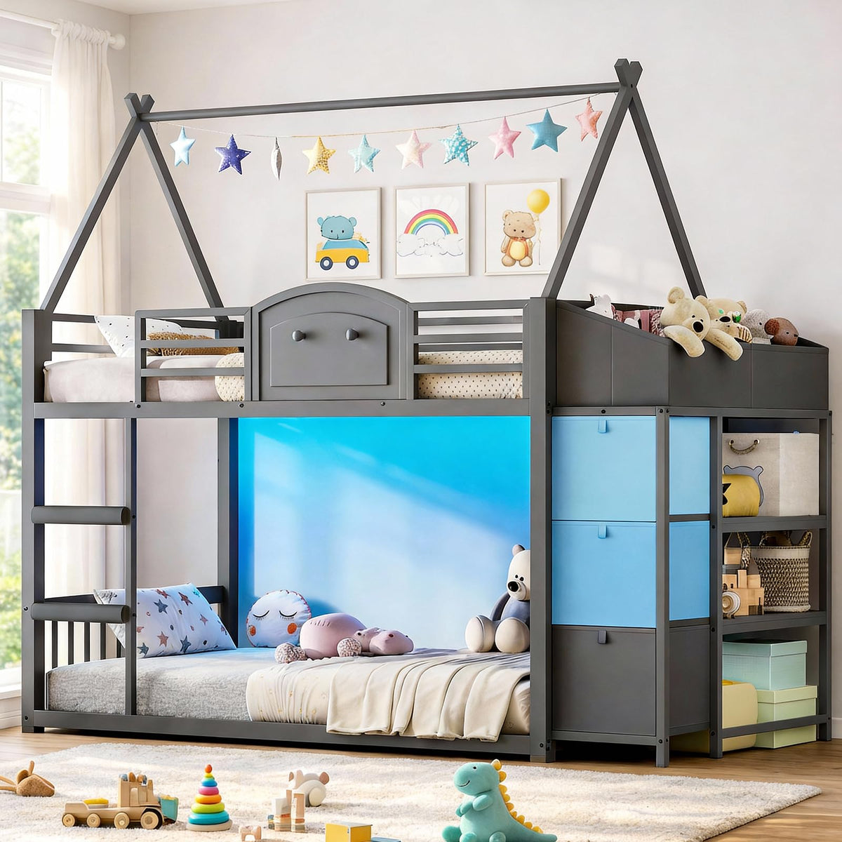 Twin Over Twin Bunk Bed with 3 Storage Drawers and Stairs H952770