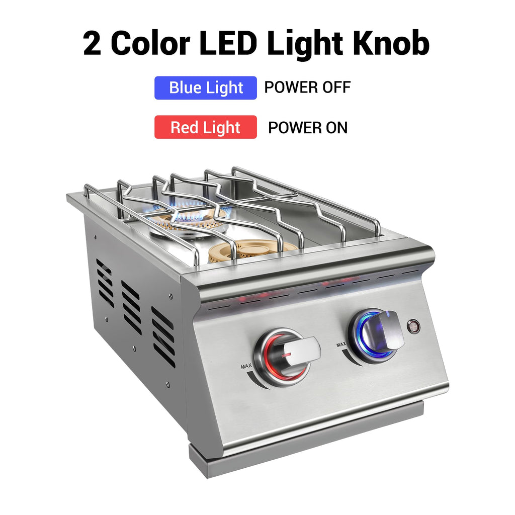 Double Grilling Side Burners, 2 * 17,000BTU, Convertible to Liquid Propane, 304 Stainless Steel K416