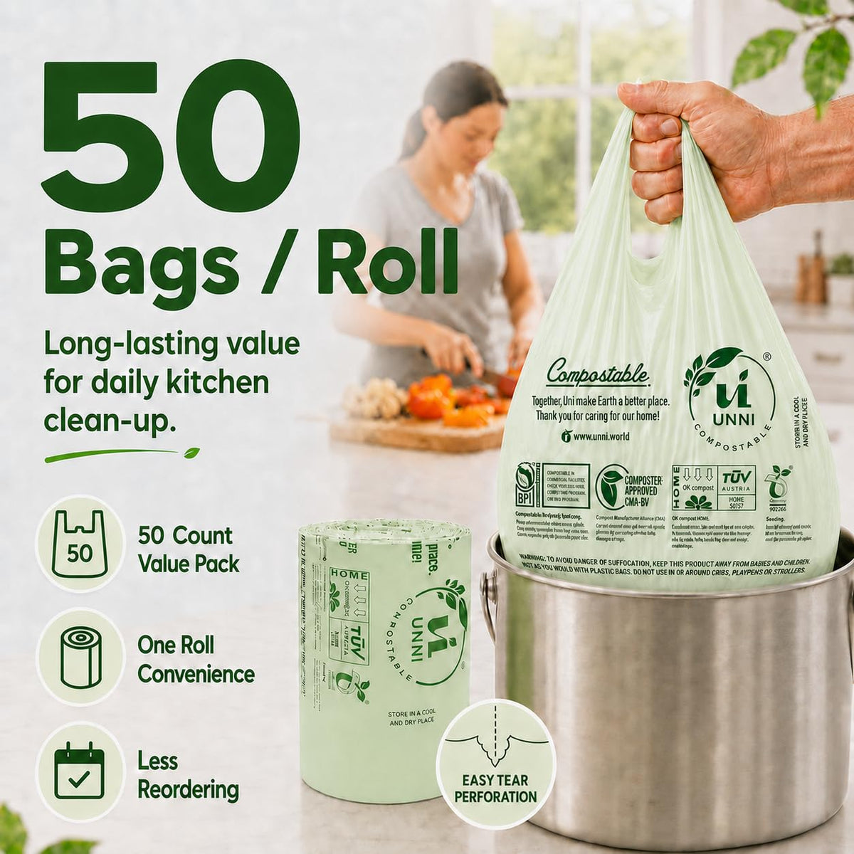 1.6 Gallon Compostable Bags with Easy-Tie Handles, 50 Count Z3018