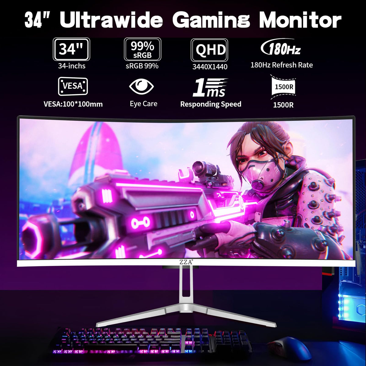 34 Inch Curved 1500R WQHD 180hz VA Gaming Monitor L358583