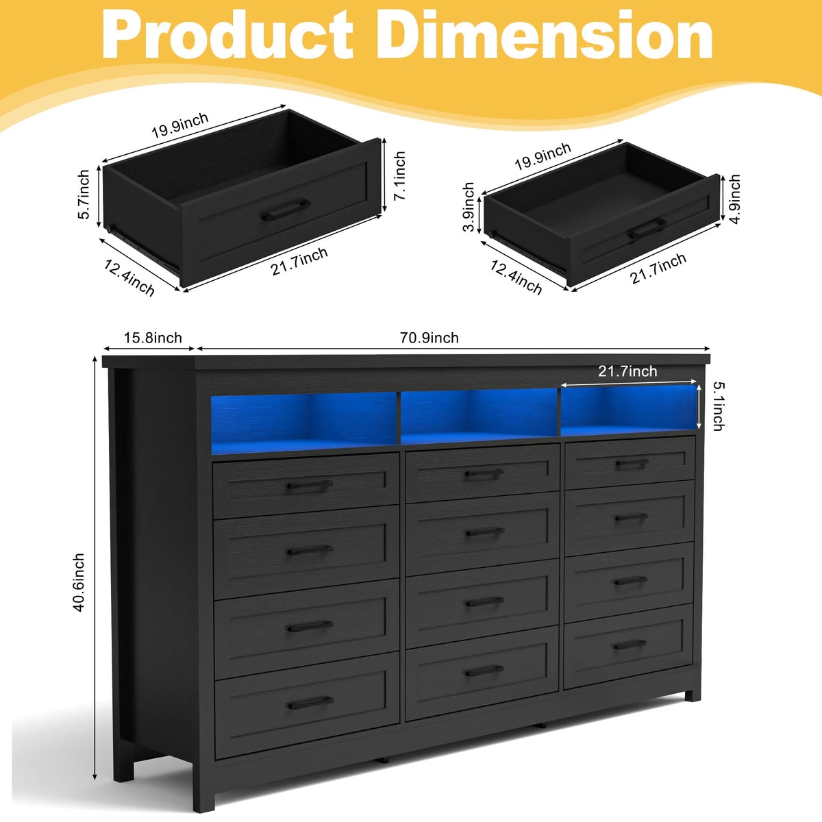 Black 12 Drawer Wood Dresser with LED Lights Z43064