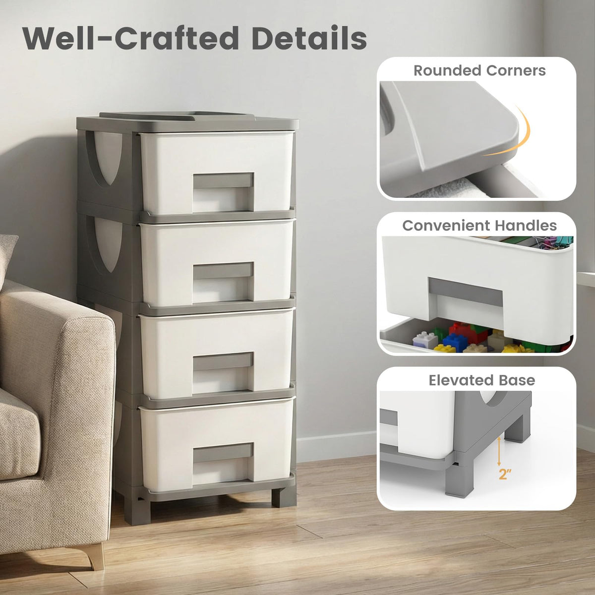 White Grey 4 Drawer Plastic Storage Tower U6084