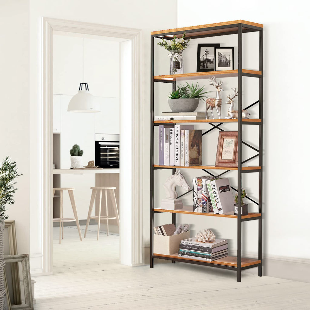 71" Tall 5 Tier Wood and Metal Bookshelf V9638