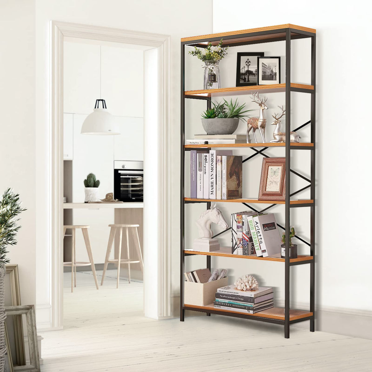 71" Tall 5 Tier Wood and Metal Bookshelf V9638