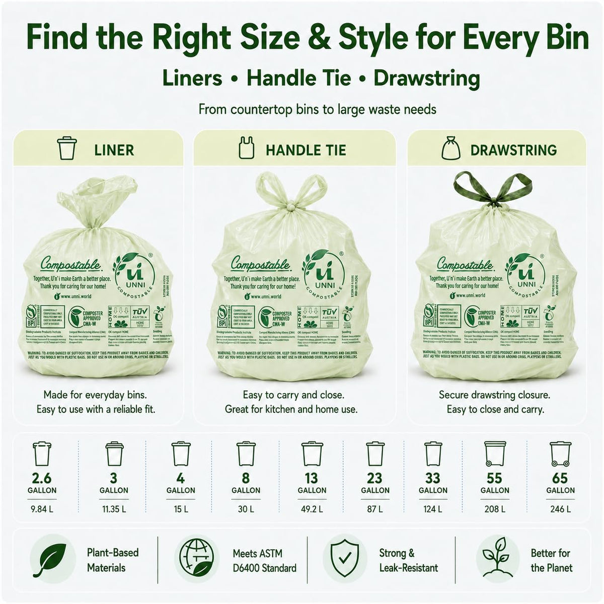1.6 Gallon Compostable Bags with Easy-Tie Handles, 50 Count Z3018