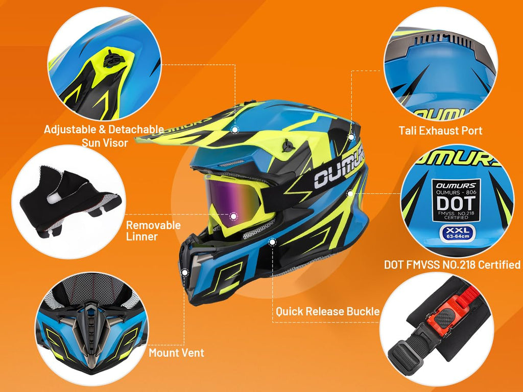 Adult ATV Dirt Bike Helmet with Goggles Gloves & Mask Adjustable Sun Visor L8208