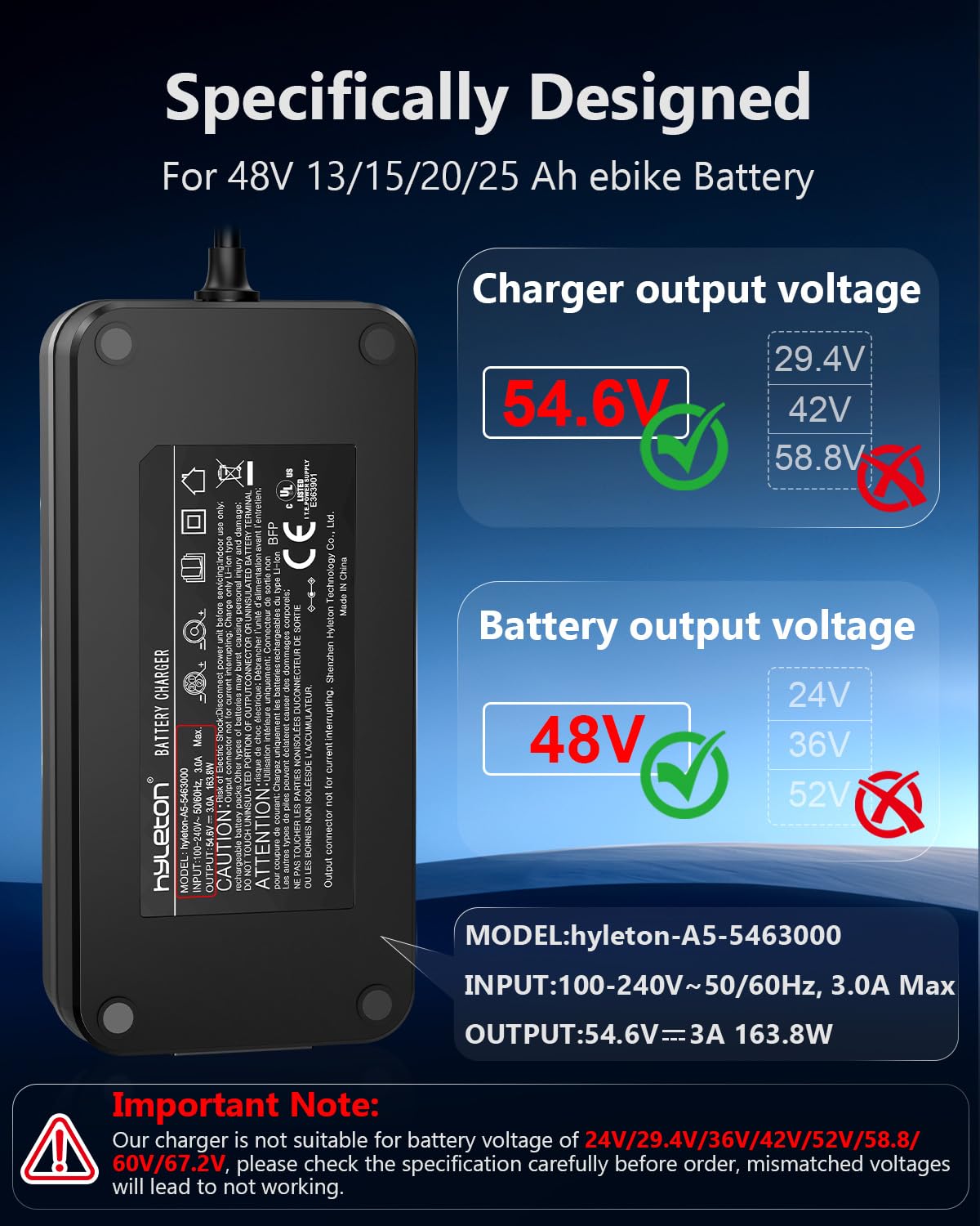 54.6V 3A ebike Charger for 48V Lithium Batteries P2310