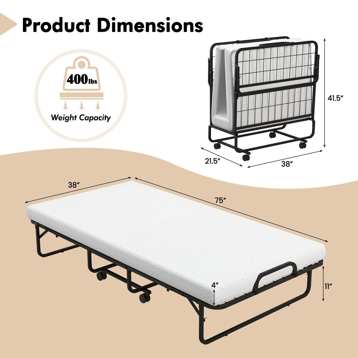 Folding Twin Size Portable Bed with 4” Memory Foam Mattress S990450
