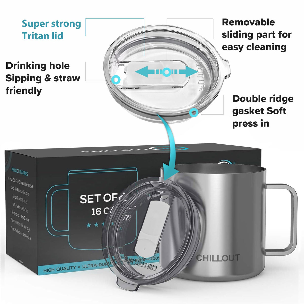 Stainless Steel Vacuum Insulated Coffee Mug 16 oz Set of 2 with Handle and Lid S3105