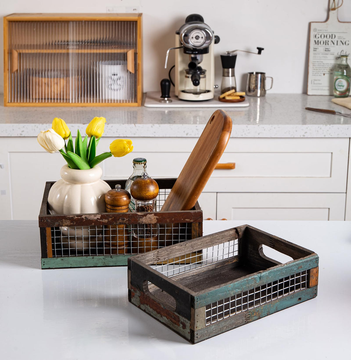 Set of 2 Rustic Wooden Nesting Baskets with Wire Mesh G99896