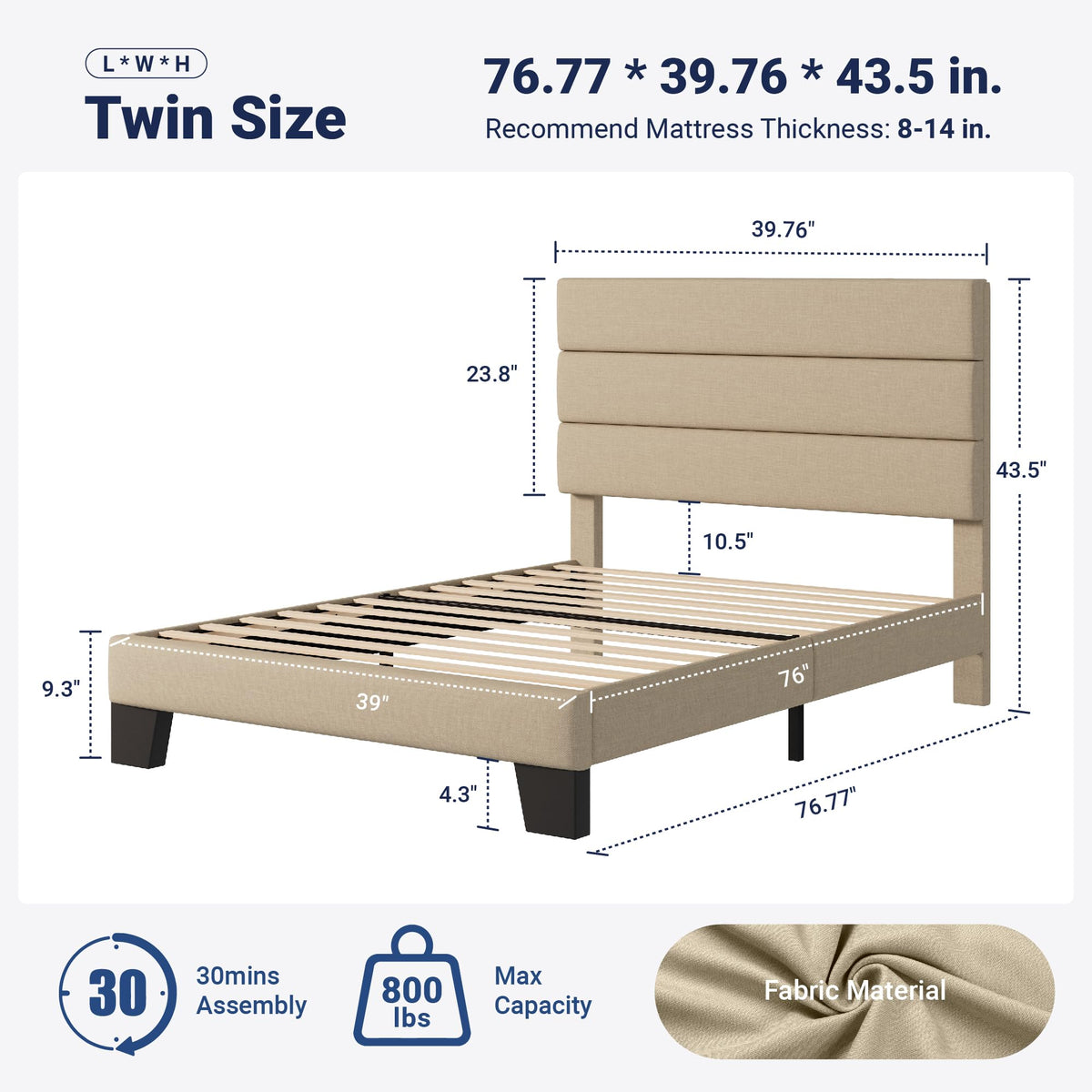 Twin Size Fabric Upholstered Platform Bed Frame H178
