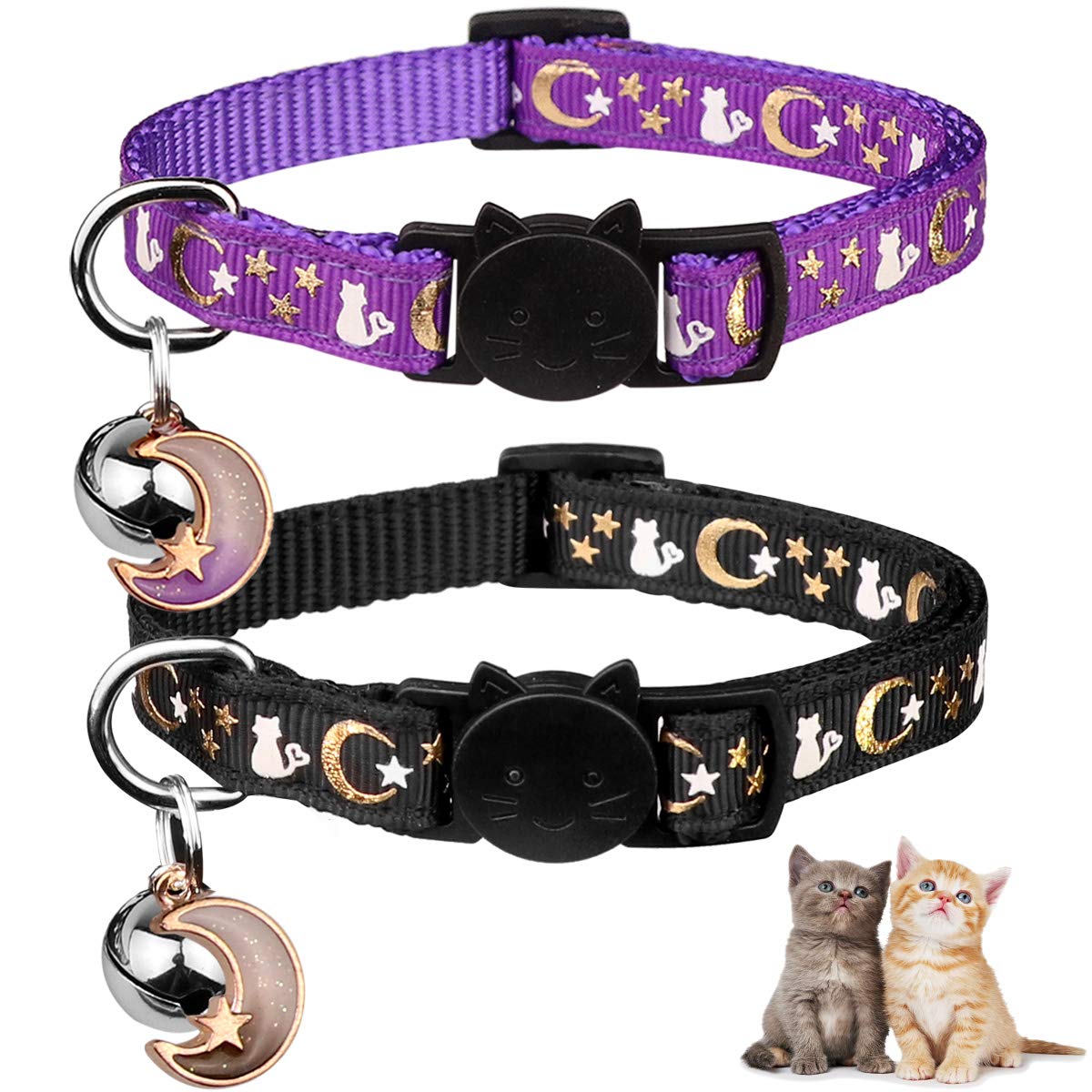 2PCS Breakaway Cat Collars with Bell Glow in The Dark Black Purple U384