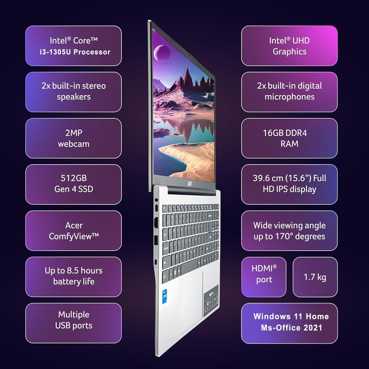 Slim Laptop Intel Core I3 8GB RAM 256GB SSD 15.6" FHD Windows 11 N1867