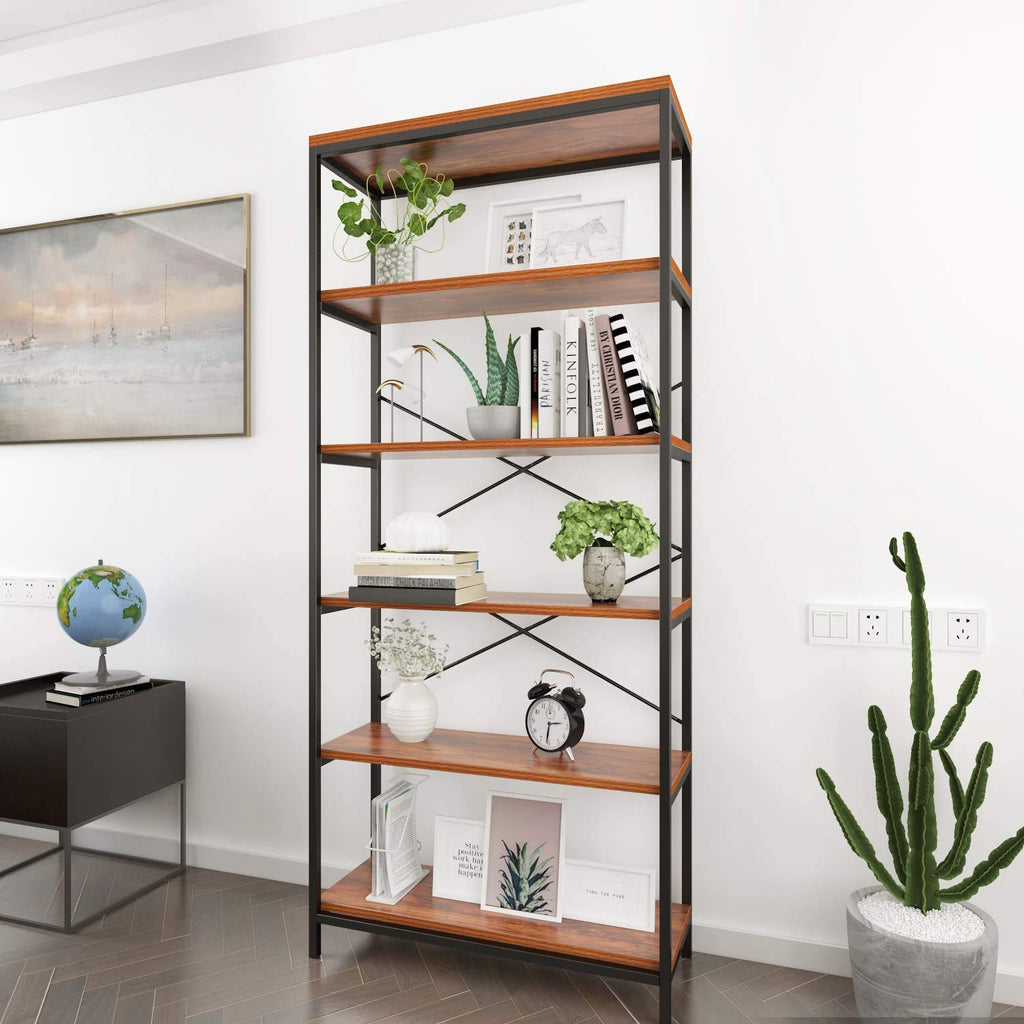 71" Tall 5 Tier Wood and Metal Bookshelf V9638