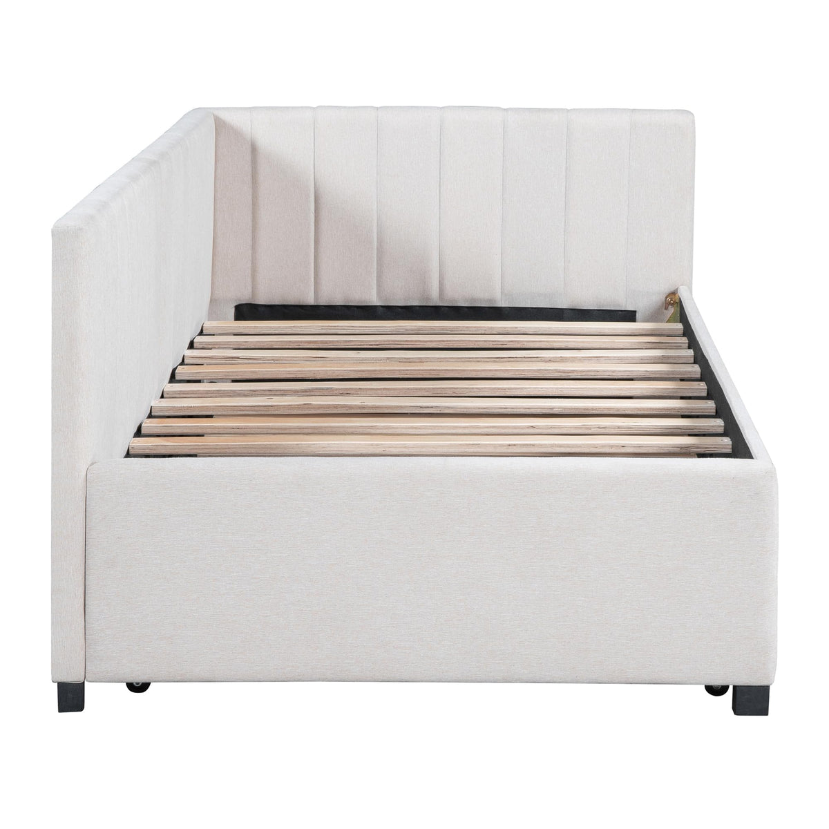 Upholstered Twin Daybed with Trundle, Linen Fabric, Beige X936043
