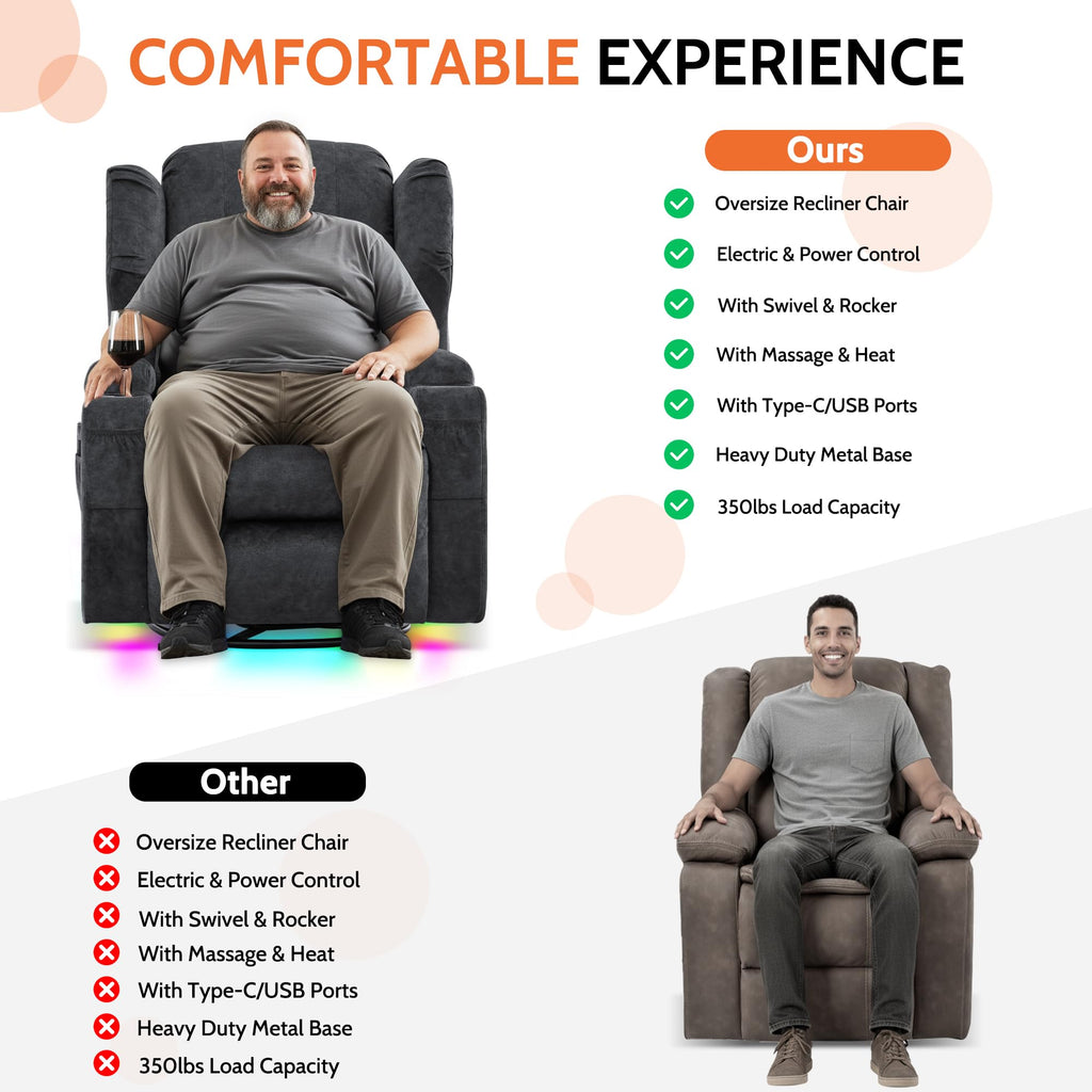 Velvet Gray Power Swivel Rocker Recliner Chair with Massage & Heat E529