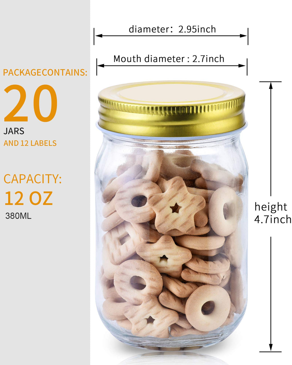 12oz Glass Mason Jars with Lids 20 Pack U285