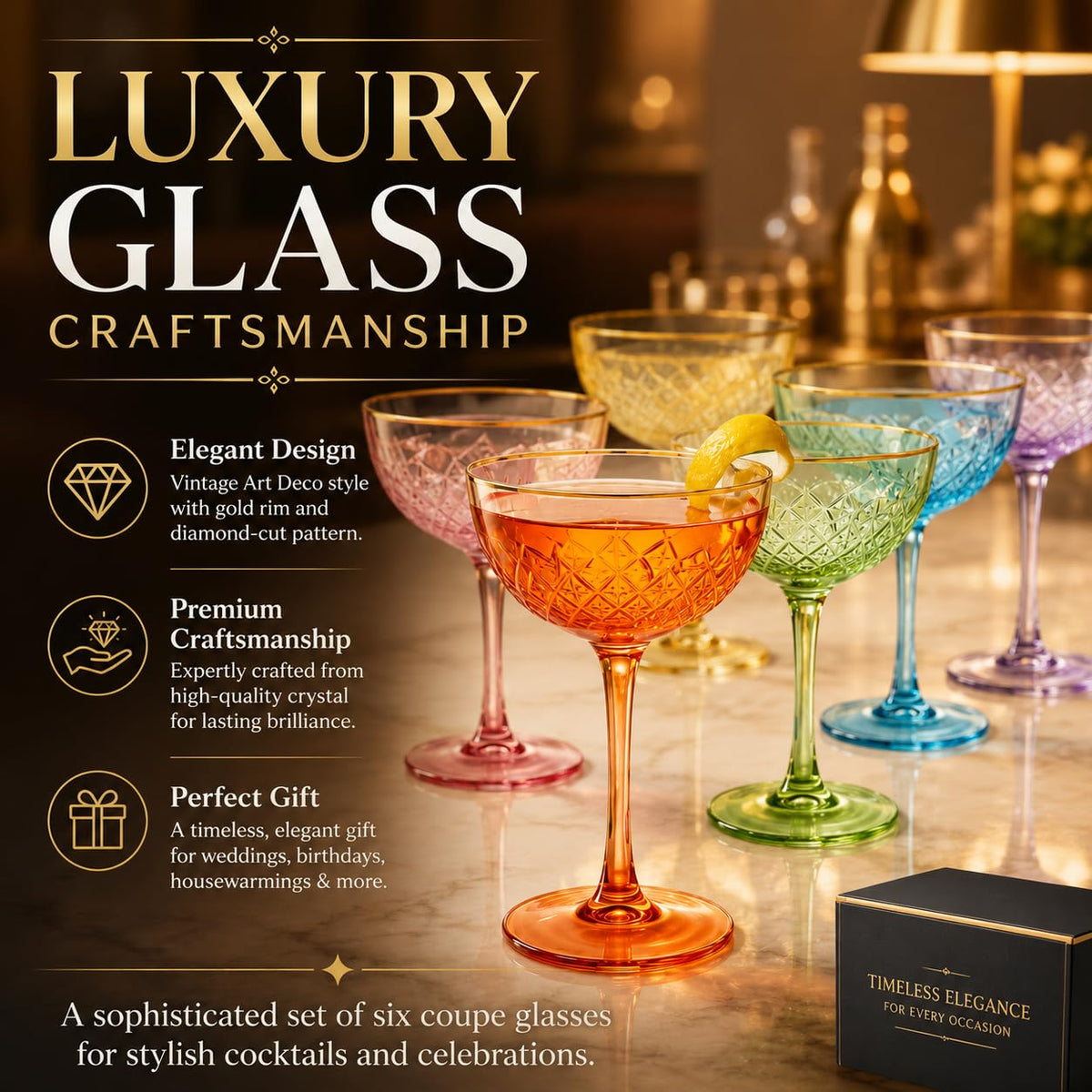 Set of 6 7 oz Vintage Art Deco Coupe Cocktail Glassware P495