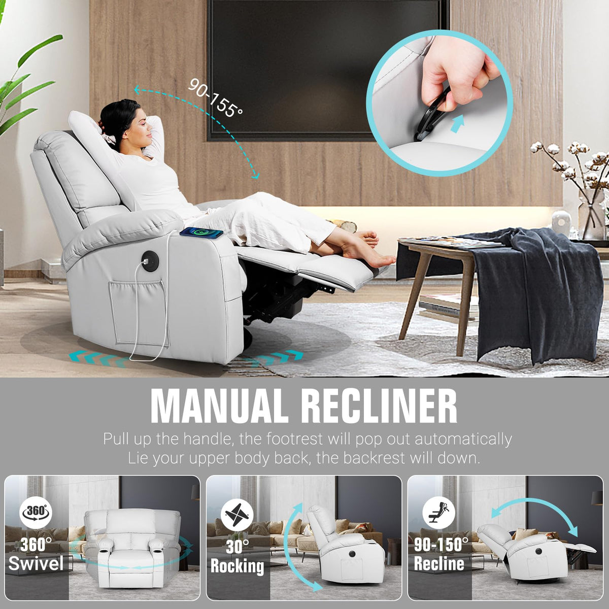 Light Grey Faux Leather Rocking Recliner Chair with Massage and Heat J79878