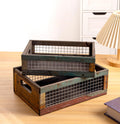 Set of 2 Rustic Wooden Nesting Baskets with Wire Mesh G99896