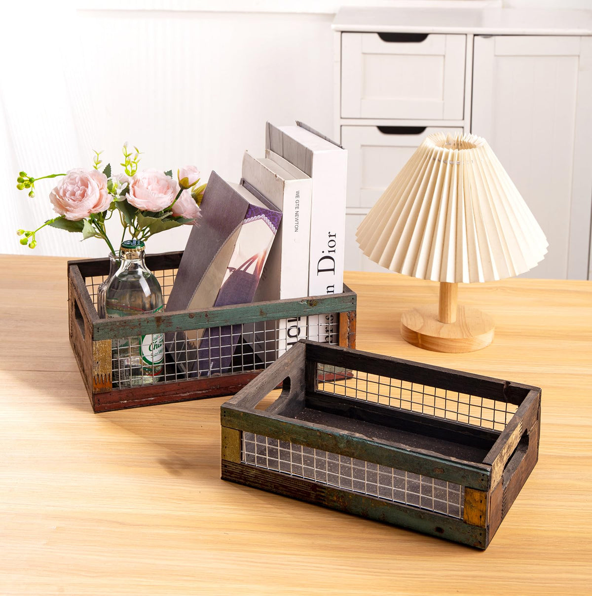 Set of 2 Rustic Wooden Nesting Baskets with Wire Mesh G99896