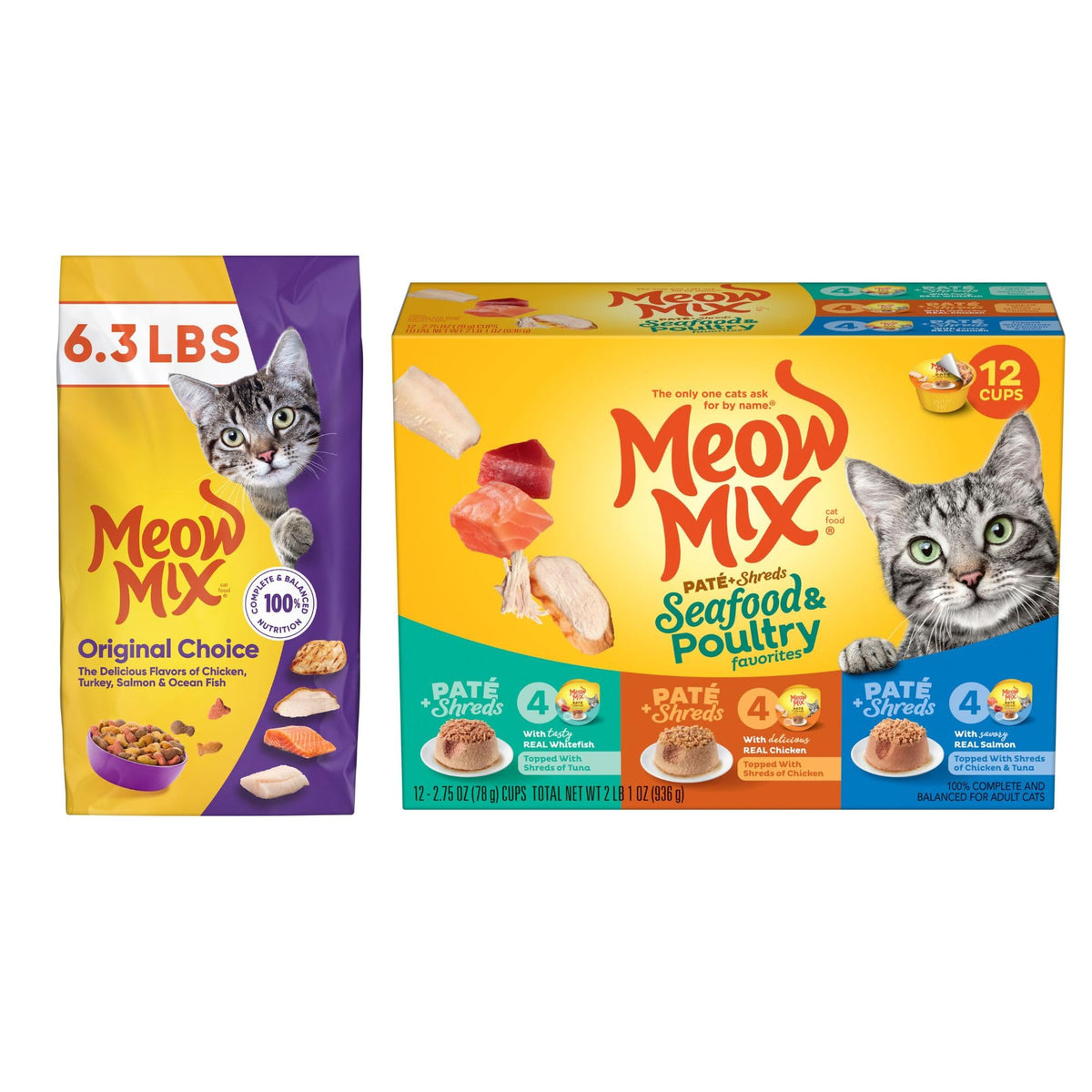 Dry Cat Food 6.3 Pound Bag + Wet Cat Food Variety Pack 2.75 Ounce Cups P867