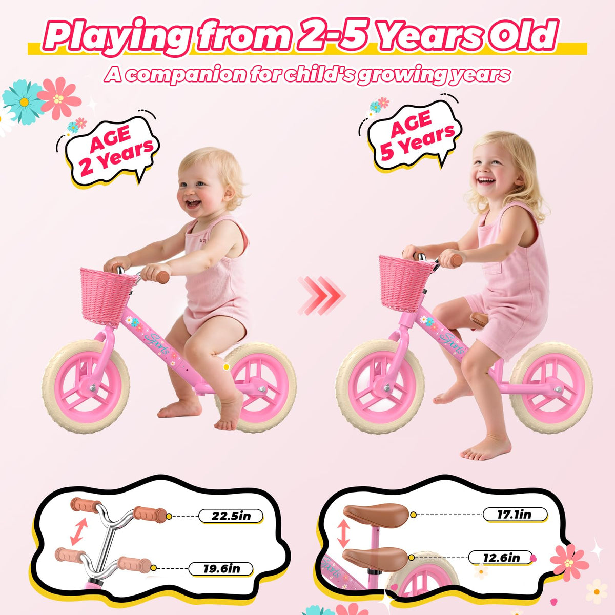 Toddler Balance Bike with Fender, Adjustable Seat/Handlebar, Flat-Free LED Tires B752935