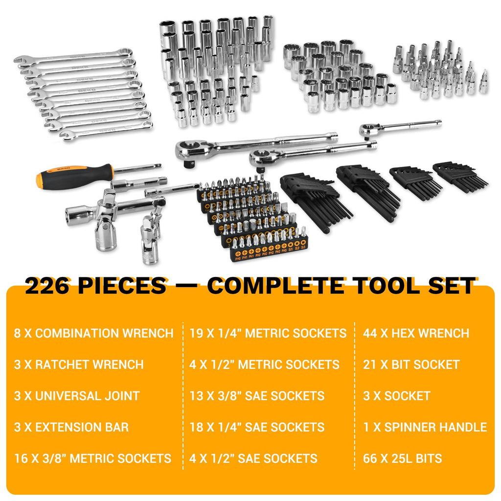 226 Pcs Mechanic Tool Set with Storage Tool Box G2320