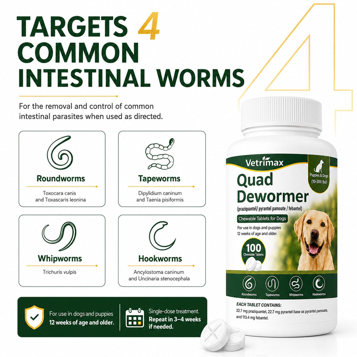Dewormer for Dogs, 4-Way Wormer, 100 Count E3996