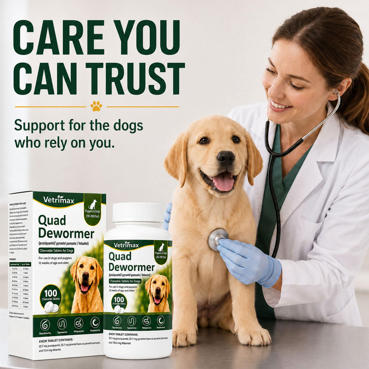 Dewormer for Dogs, 4-Way Wormer, 100 Count E3996