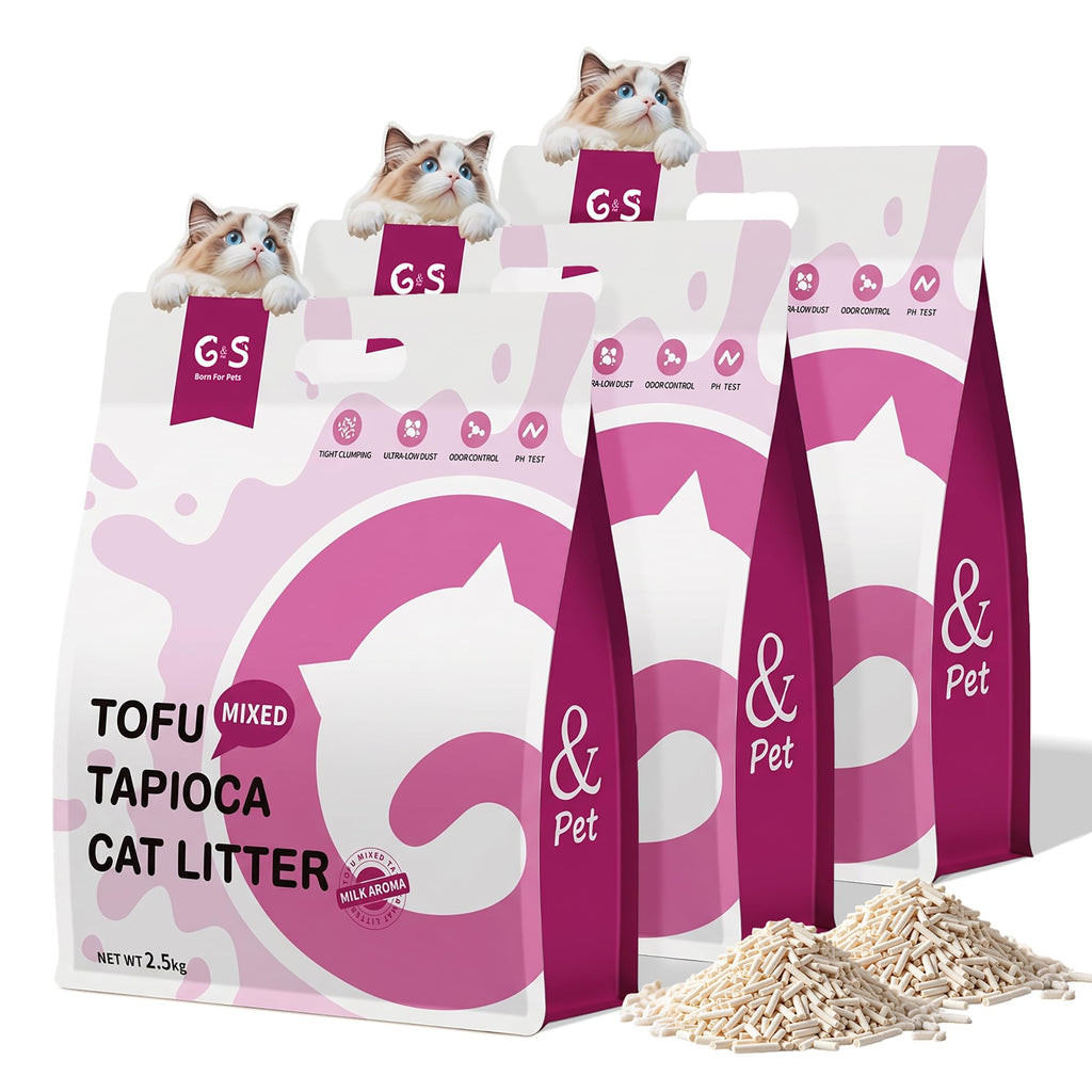Tofu Cat Litter, Non-Stick, Odor Control, Flushable, Clumping, 99.9% Dust-Free, 5.5lb × 3 Bags T789361