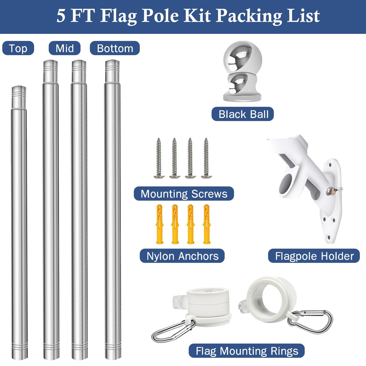 5FT Stainless Steel Wall Mounted Flag Pole Kit D50901